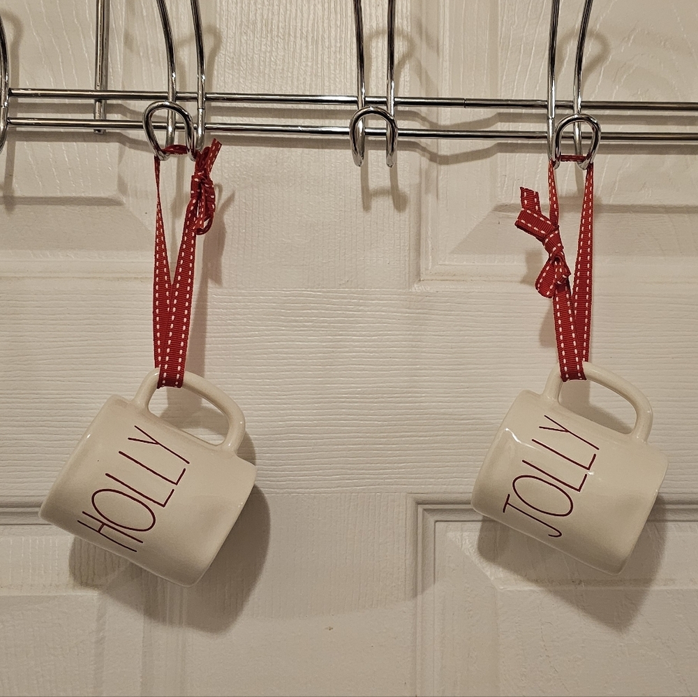 Rae Dunn EUC Ornament Set - Holly and Jolly Mugs with Red Ribbon